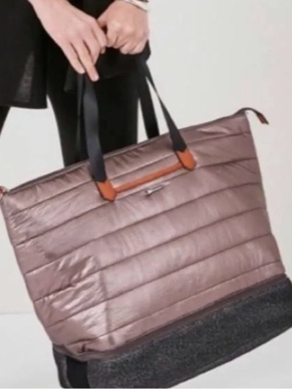 Stella & Dot Quilted Metallic Taupe Travel Tote with Black Handles